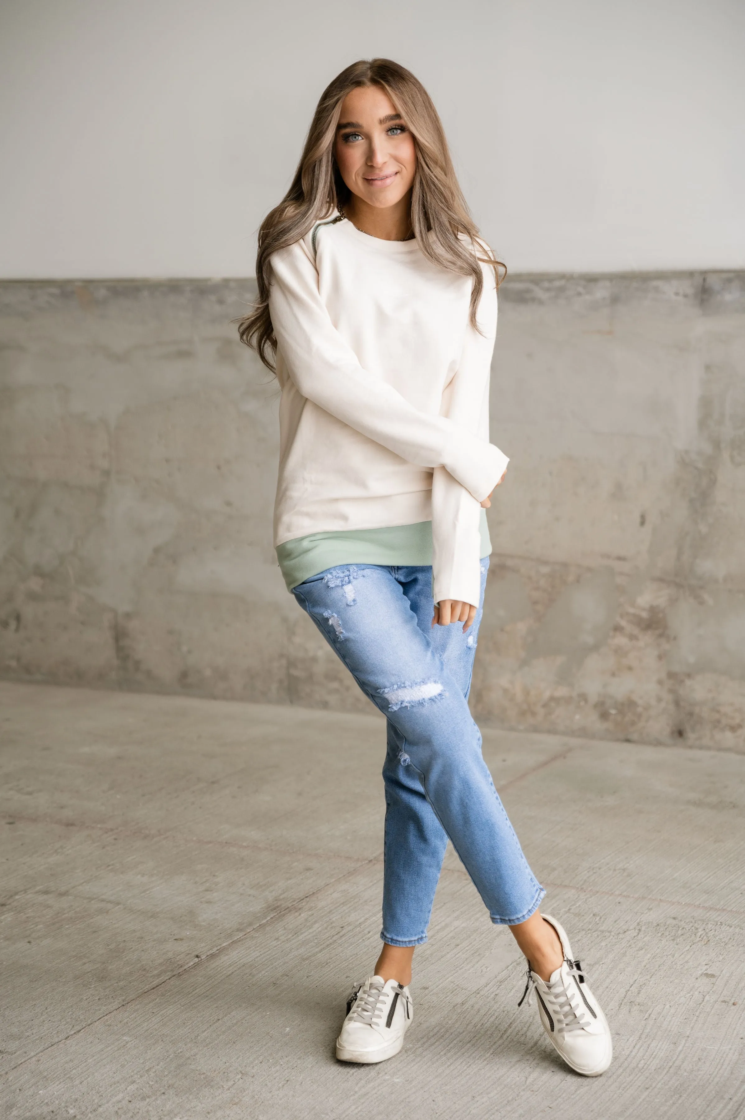 Pullover Sweatshirt - Ivory & Mint SideZip