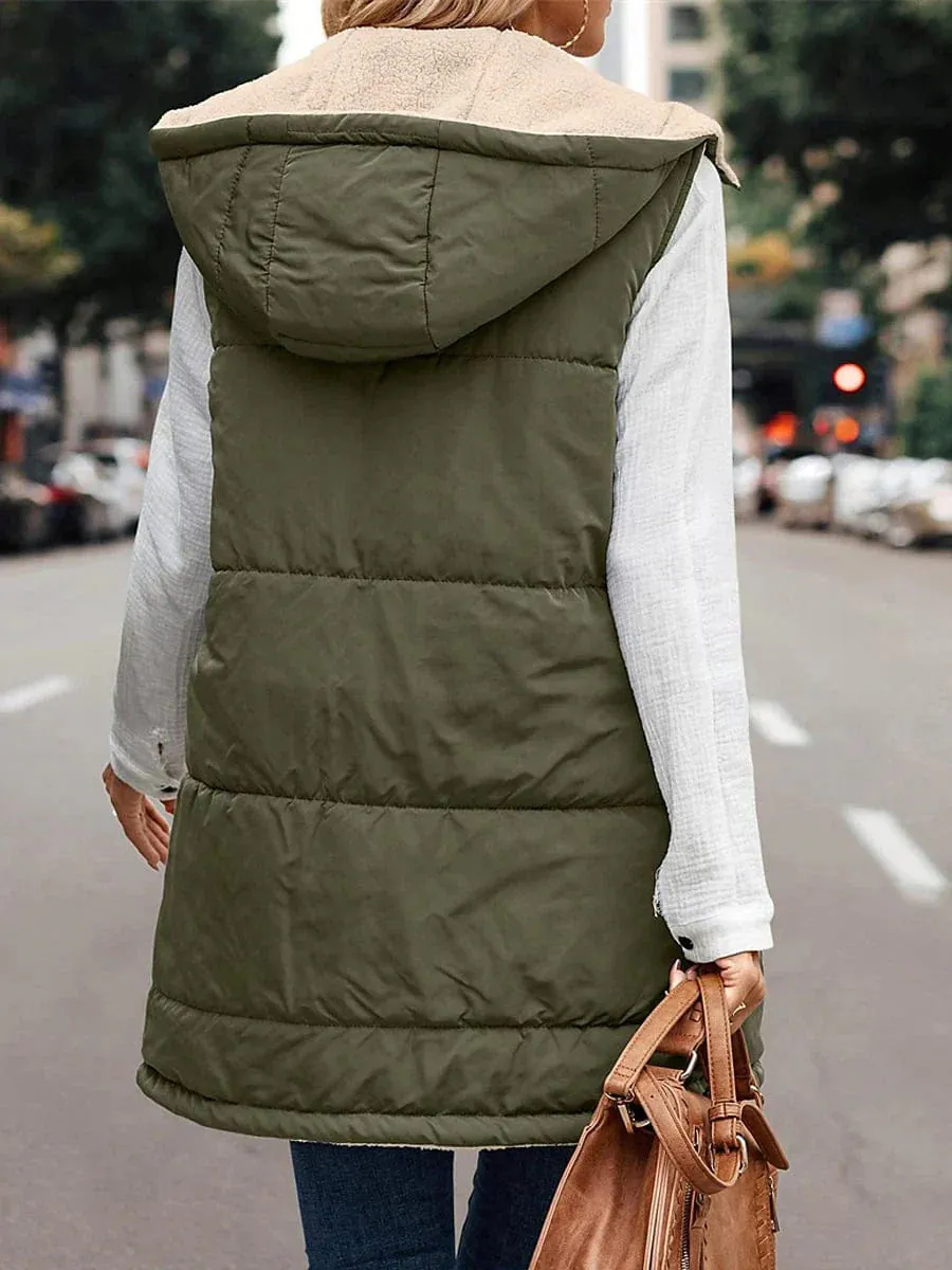 Stylish Women's Long Winter Puffer Vest with Reversible Fleece and Hood