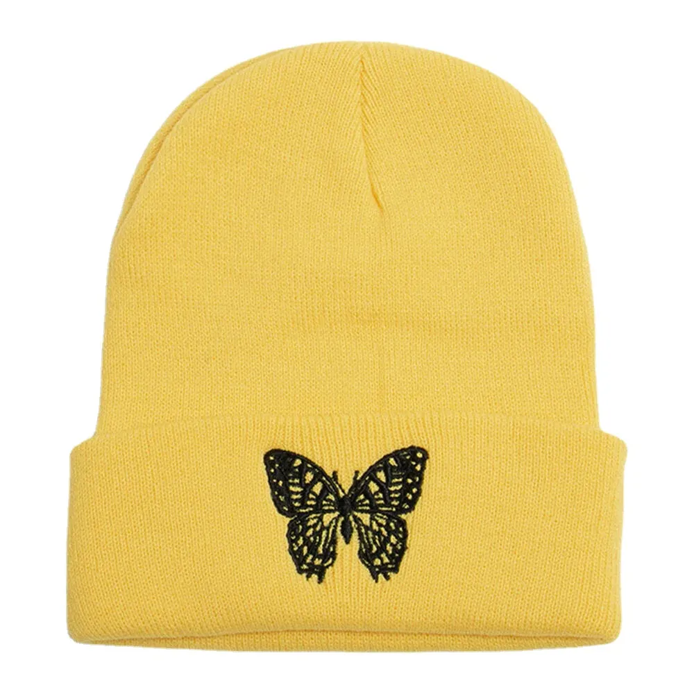 Unisex Wool Warm Elastic Casual Cartoon Butterfly Embroidery Pattern Knitted Hat Brimless Beanie