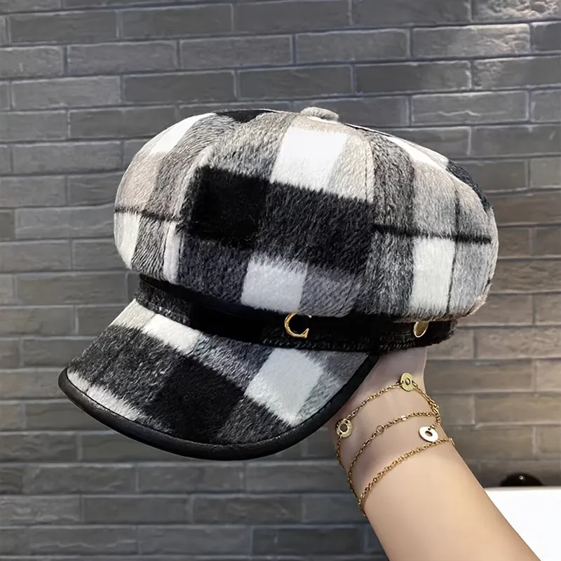 Vintage Plaid Octagonal Beret Hat - Warm, Coldproof, Classic British Style, Newsboy Design, Soft, Fleece Lined, Autumn and Winter Essential for Women - Perfect Painter Cap, Chic Fashion Accessory