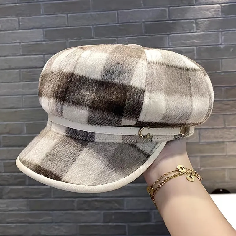 Vintage Plaid Octagonal Beret Hat - Warm, Coldproof, Classic British Style, Newsboy Design, Soft, Fleece Lined, Autumn and Winter Essential for Women - Perfect Painter Cap, Chic Fashion Accessory