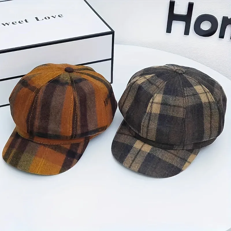 Vintage Plaid Octagonal Beret Hat - Warm, Coldproof, Classic British Style, Newsboy Design, Soft, Fleece Lined, Autumn and Winter Essential for Women - Perfect Painter Cap, Chic Fashion Accessory