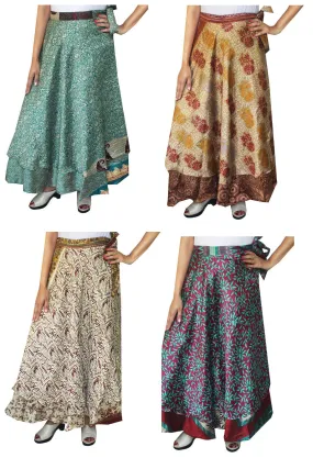 Wholesale 4 Pcs Lot Two Layers Women's Indian Sari Magic Wrap Around Long Skirt