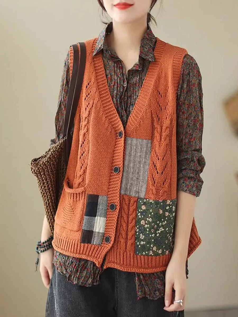 Women Spring Retro Patch Spliced Knitted Vest