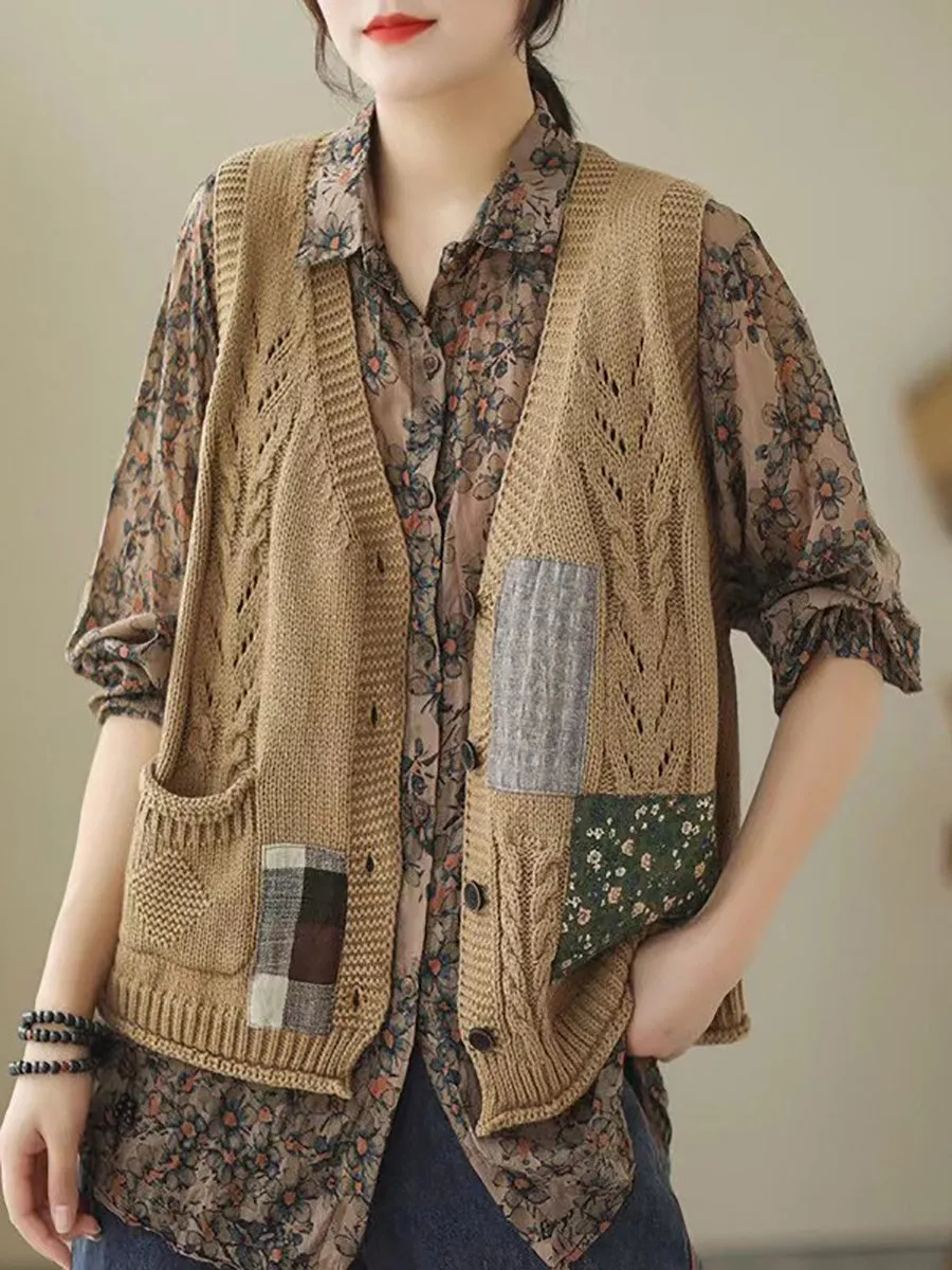 Women Spring Retro Patch Spliced Knitted Vest